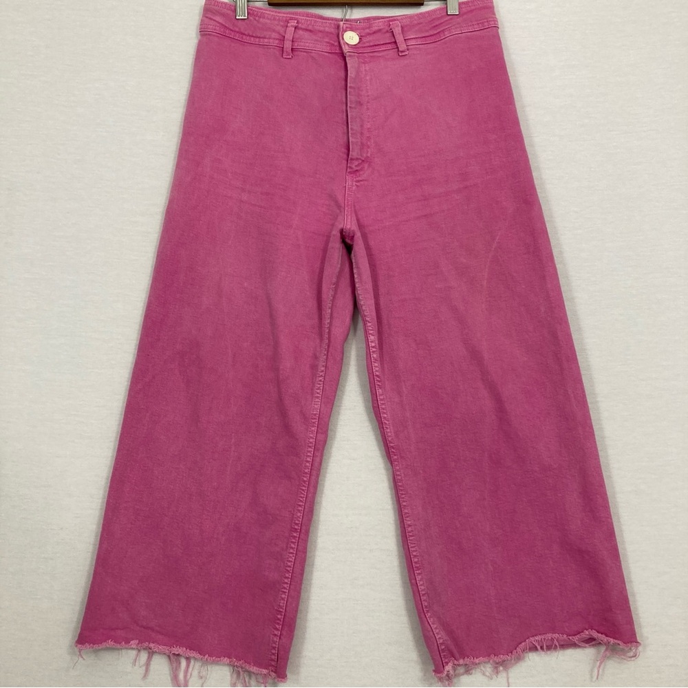 Zara Pink Barbie High Rise Frayed Hem Wide Leg Crop Jeans size 14